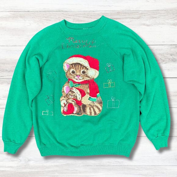 Vtg 80s Christmas Crewneck Sweatshirt XL Green Cat Glitter Puff Paint Kidcore - Picture 1 of 16